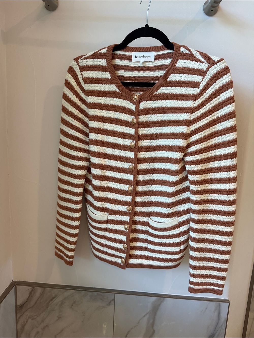 Heartloom Cream and Brown Striped Knit Cardigan with Decorative Buttons